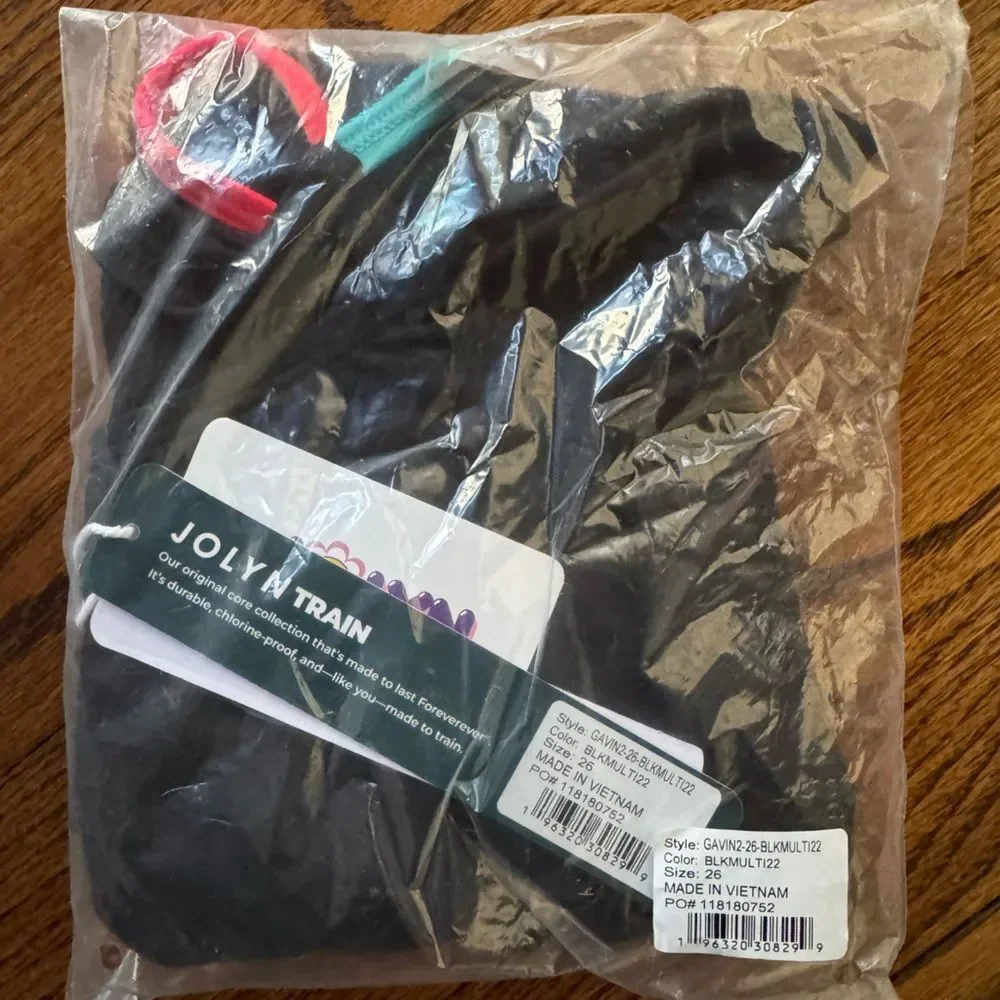 NWT New JOLYN Gavin Tie Back Swimsuit Black Contrast Rainbow Trim Pink Purple 26 - Picture 6 of 6